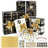 10 Stück Geschenkpapier Schwarz Gold,Geschenkpapier Set, Geschenkverpackung Geburtstag Set, Geschenkpapier Geburtstag Set Umfassen Wrapping Paper, Doppelseitiges Klebeband, Farbband, Segen Aufkleber