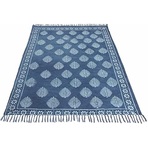 Bohe Area Rug Handmade Blue Cotton Rugs with Tassels Handmade Dabu Printing Geometric Tribal Rug for Living Room, Bedroom, Laundry Room, Entryway (90 x 300 cm (3 x 10 Runner Feet)) Cover