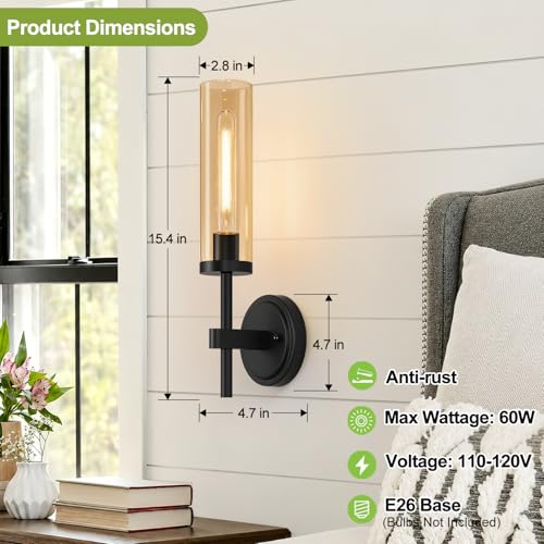 Image of MOKATNG Hardwired Wall Sconces Set of Two, Matte Black Bathroom Sconces with Amber Glass, Modern Wall Light Fixtures for Bathroom Mirror Vanity, Living Room, Hallway, Stairway, Cabinet, Foyer