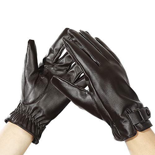 Aogolouk Guantes de Cuero de Invierno Conducir Mensajes de Texto | Guantes de Pantalla táctil Forrados en Caliente | Correa de muñeca elástica | Impermeable (Marron Oscuro)