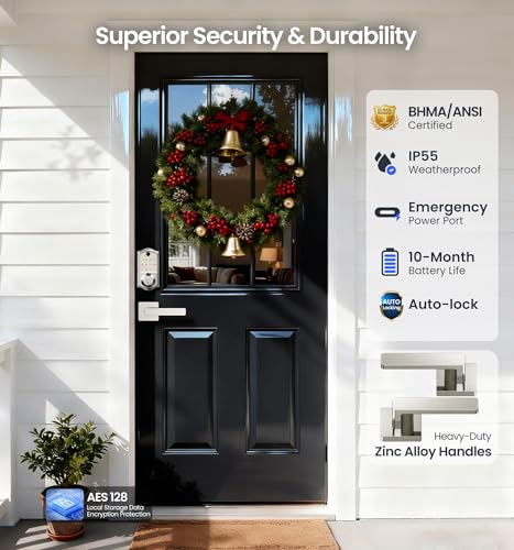 Image of Veise VE017-B Fingerprint Smart Lock with 2 Lever Handles Set, Satin Nickel | App Control, Fob, Touchscreen, Remote Access Sharing, Electronic Keypad, 8-in-1 Keyless Entry Deadbolt for Front Door