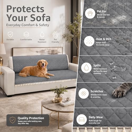Image of Lukzer Quilted Sofa Cover Mat with Tassels for 2 Seater Sofa - Stone Grey | Soft Washable Anti-Slip Protector for Living Room | Furniture Cover for Back-Seat Slipcover 120X150CM / SC-193-2T