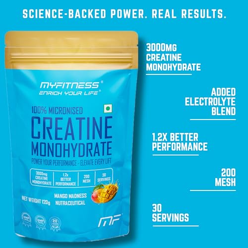 Image of Myfitness 100% Micronized Creatine Monohydrate | 30 Servings | Flavoured | 120g | Creatine Powder With Added Electrolytes (120g (Pack Of 1), Mango Madness)
