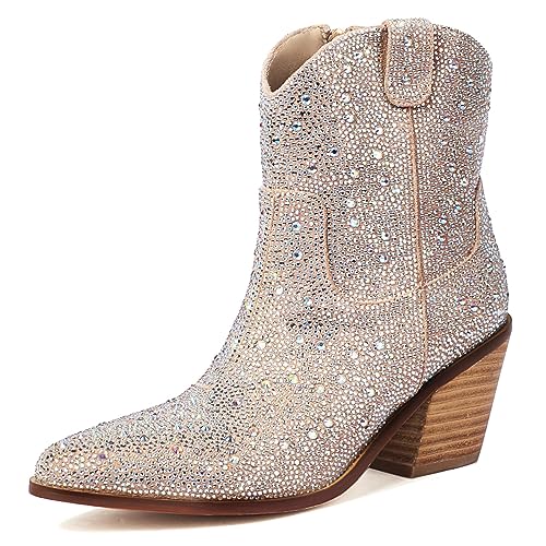 Joi4mis Women's Rhinestone Platform Boots Ankle Boots Pointed Toe Chunky High Heel Booties Sparkly Wedding Boots with Side Zipper