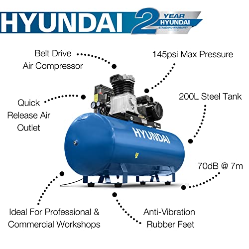Hyundai 3HP 200 Litre Electric Air Compressor with 145PSI Belt Drive, 14CFM, 230v Motor Single-Phase Steel Compressor 2.2kw/2200w 2 Hyundai 3HP 200 Litre Electric Air Compressor with 145PSI Belt Drive, 14CFM, 230v Motor Single-Phase Steel Compressor 2.2kw/2200w - Image 2