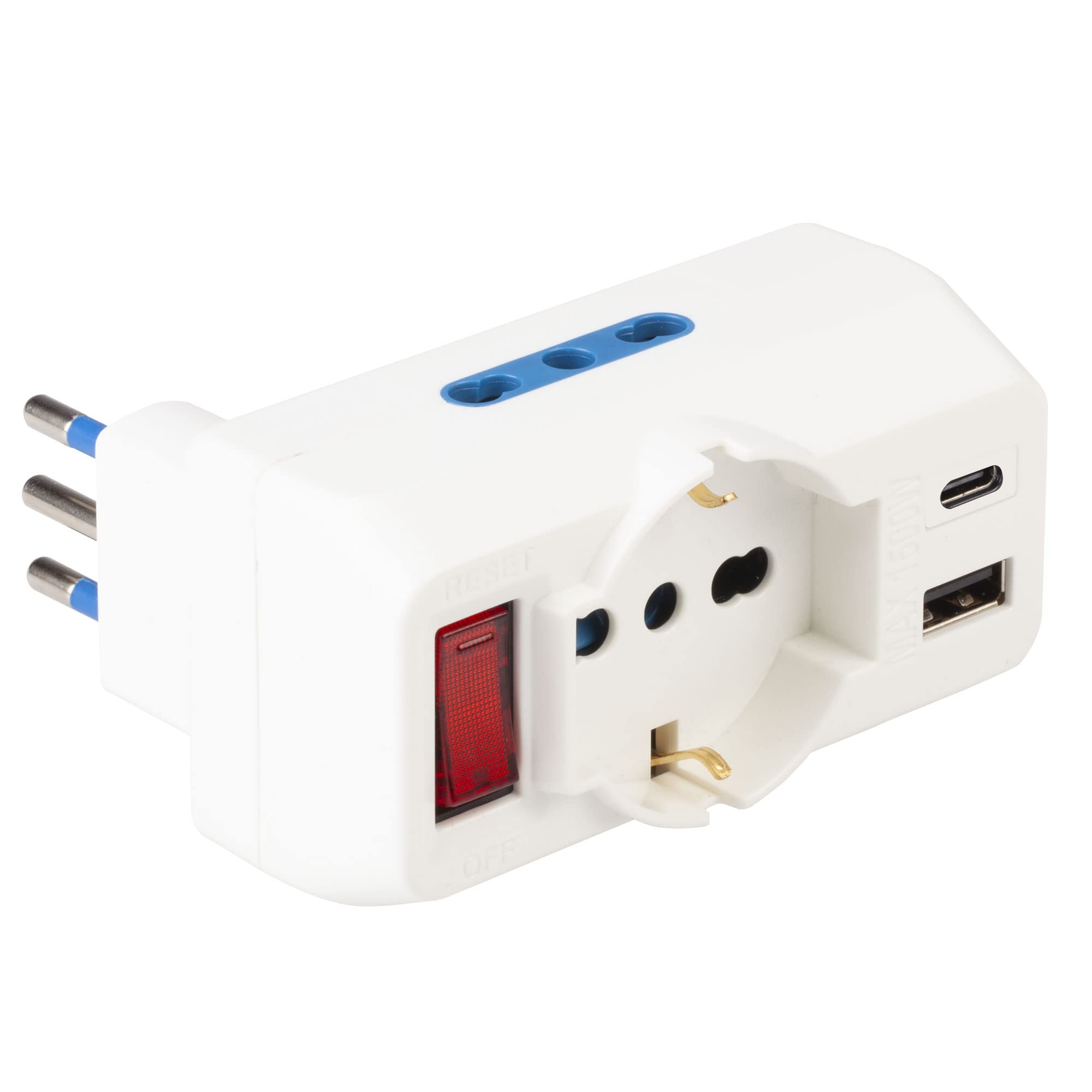 Spina multisize con interruttore di sicurezza e 2 prese USB A-C
