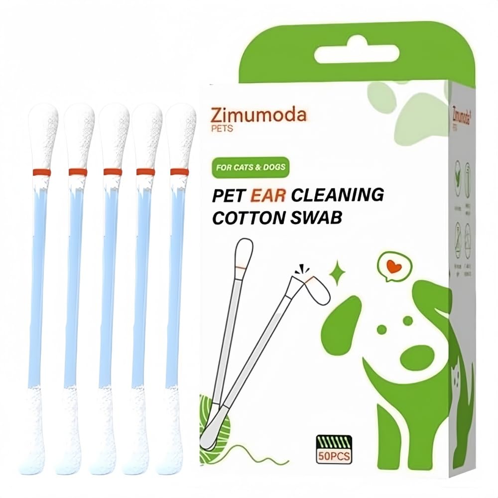 zimumoda 50 Pcs 2-in-1 Pet Ear Cleaning Cotton Swabs for Dogs & Cats - Essential Oil Infused Cat Ear Cleaner - Gentle Ear Wax Removal - Soothing Itch & Freshness - Individually Wrapped for Easy Use