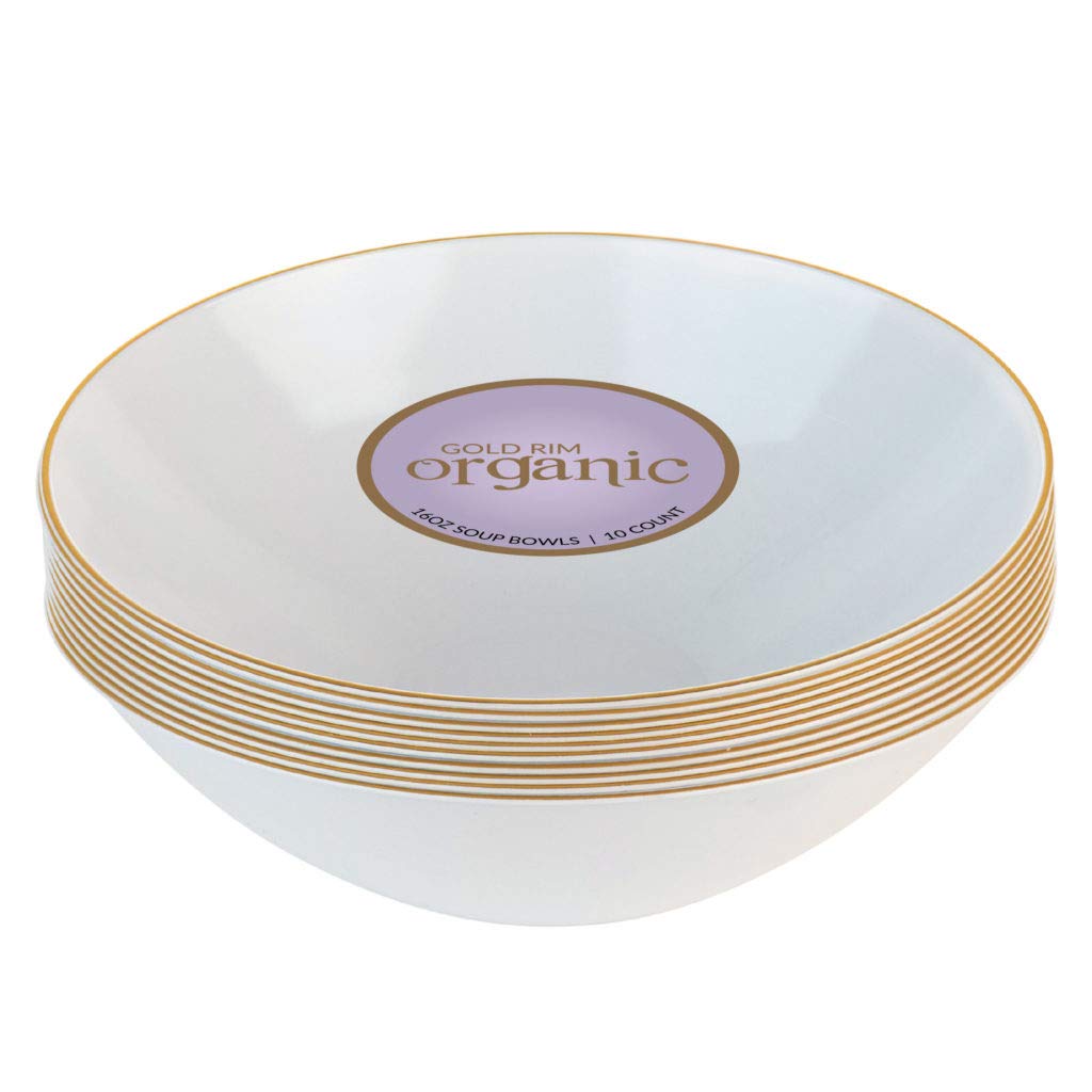 Blue SkyPlastic White Soup Bowls - 16 oz | Gold Rim | Pack of 10