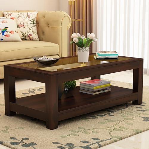 Image of Sheesham Wood Coffee Table with Glass Top Multipurpose Tea Table Wooden Centre Table for Living Room Home and Office (Walnut)