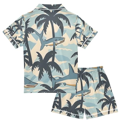 senya Coconut Tree Shark Satin Summer Pajama Sets Silk Short Sleeve Button Down Sleepwear2