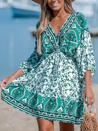 Image of CUPSHE Women's Plunging V Neck Backless Beach Dress Paisley Boho Blouson Sleeve Back Tie Waist Tie Mini Summer Dresses