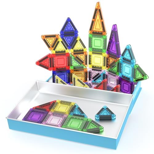 Image of PicassoTiles 40 PCS Mini Magnetic Tiles Travel Toy Educational Building Set | BPA-free plastic construction, age 3+ STEM learning, hand-eye coordination, compact storage box, portable geometric blocks