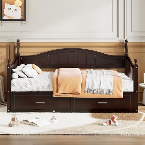 Image of Merax Modern Wood Daybed with Pop Up Trundle Twin to King Extendable Sofa Bed Frame for Kids Teens Adults /No Box Spring Needed Espresso