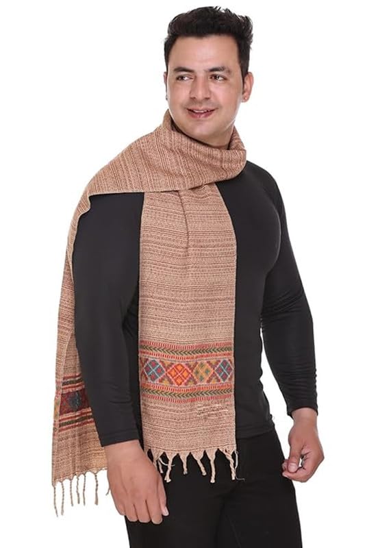 w+ Handwoven Wool Muffler – Embroidered Beige 1 Patti Design | Cozy and Warm Scarf for Men & Women | Traditional Pure Wool Craftsmanship for Winter Fashion (Beige)-picture-13