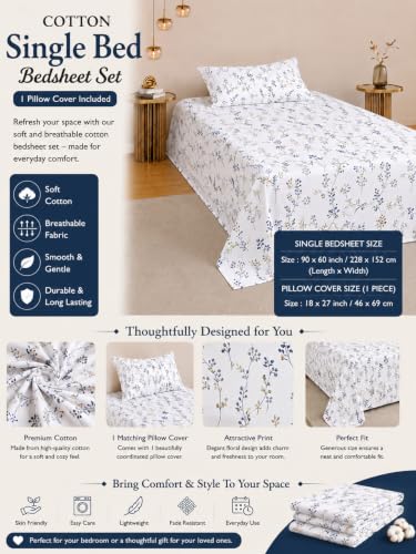 Image of IVAZA 260 TC Soft Ezyption Cotton Floral Single Bed Sheet - Single bedsheet with 1 Pillow Cover Hypoallergenic, Brethable, (Size- 90 x 60 Inch Denim Blue