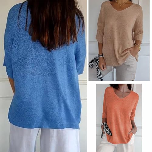Frontaley Clothing, Frontaley Women's Solid Color Knitted V-Neck Top, Lightweight 3/4 Sleeve Sweater3