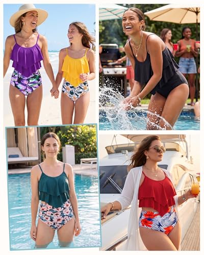 Image of Bathing Suits for Women High Waisted Swimsuits Tummy Control Two Piece Tankini Ruffled Top with Swim Bottom Bathing Suits