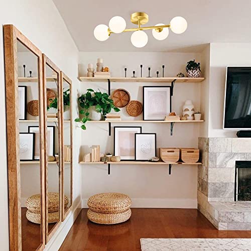 Image of Bathroom Vanity Lights, 5-Light Bathroom Light Fixtures, Mid Century Modern Brass Bathroom Light Ceiling Light, Wall Sconces Semi-Flush Mount Light Fixture with Milk Globe Glass, Brass Gold, G9 Base