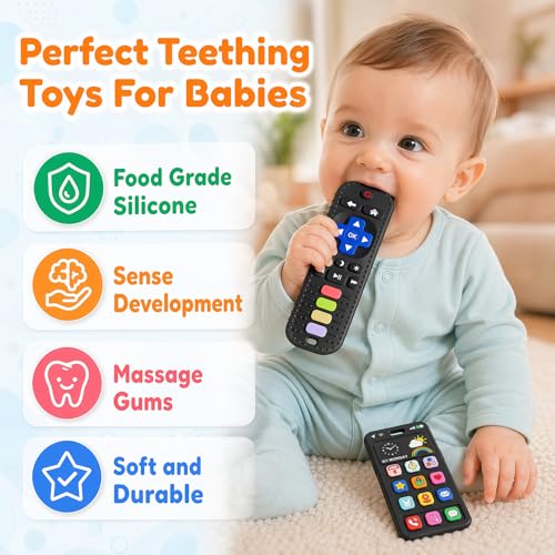 Image of Baby Silicone Remote and Phone Teether, 2pack Teething Toy for Baby 3 6 12 18 Months, Baby's Chew Toys, Food Grade Silicone Teething Toys for Infants, BPA Free, for Babies Gum Relief