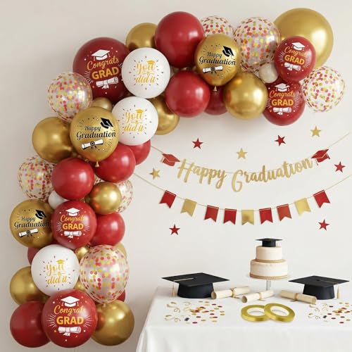 Image of Burgundy and Gold Graduation Balloons Graduation Decorations 2026, 60Pcs Print Congrats Grad Balloons, Maroon Gold Confetti Latex Balloon, Class of 2026 Grad Party Decorations for College High School