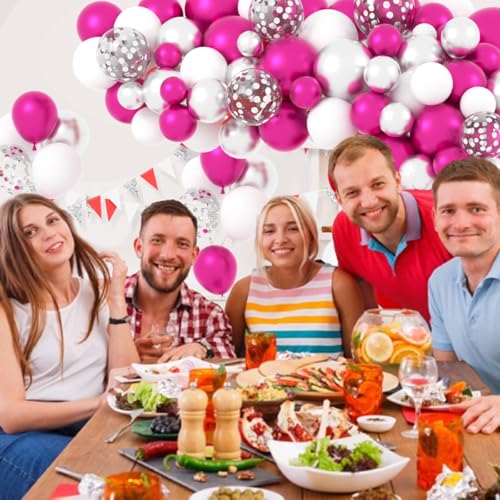 Image of Magenta Hot Pink Silver Balloons Garland Arch - Metallic Rose Red Silver White Balloon Fuchsia Pink Balloons for Weddings Anniversary Bachelorette Birthday Christmas Party Decorations