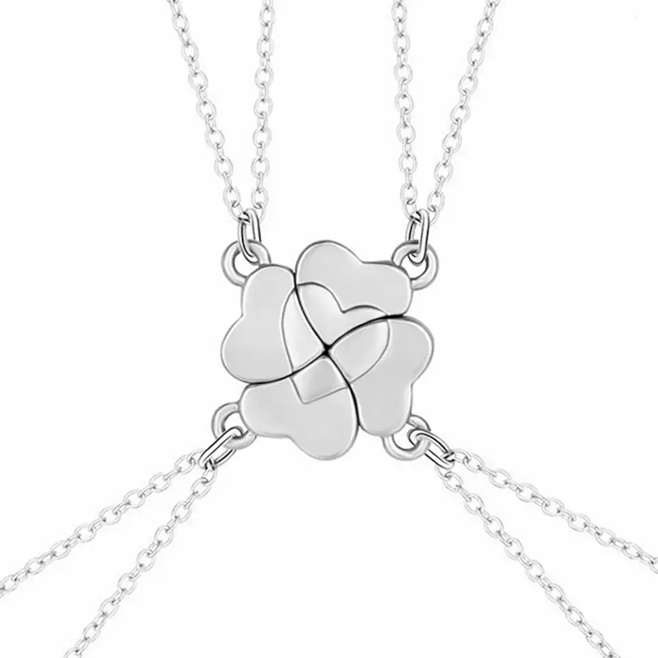 Colar de trevo de quatro folhas BFF Best Friend Best Friend Sister 4 peças com pingente de coração de prata e ouro Bestie Amizade Colar de longa distância para mulheres amigas