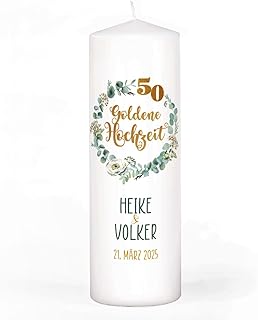 Herz & Heim® Kerze zur Goldenen Hochzeit, 4 Motive mit Eukalyptus zur Wahl, personalisiert mit Namen & Datum (Motiv 4)