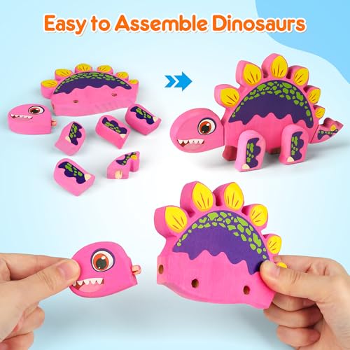 Mocoosy Wooden Dinosaur Painting Art and Craft Kit for Kids 4-8, Build & Decorate Your Own Dinos with Paint & Stickers, Wood Dinosaur Builder Game Montessoi Educational Toy Gift Toddler Boys Girls 3-5 - Image 3