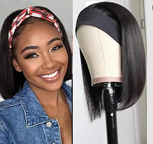 Headband Bob Wigs,14inch Headband Wig for Black Women with Headband Attached None Lace Front Synthetic Headband Wig (Natural Black Color)