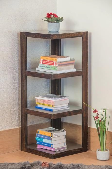 Zeyron Solid Sheesham Wood Corner Bookshelf | 3 Tier Wooden Book Shelf Rack for Living Room & Bedroom | Corner Storage Shelf in Natural Finish | Display & Organizer Stand for Home-image-44
