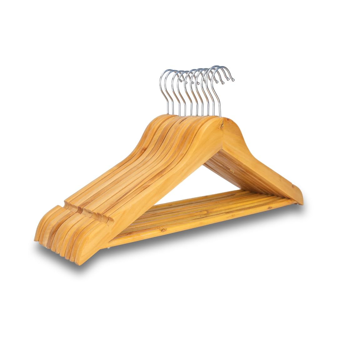 Wooden Coat Hangers, Set of 10, Light Brown, Sturdy Pant Bar, Anti-slip Design, Extrawide Shoulder Design, Rust Free 360ยฐ Rotating Hook (10)