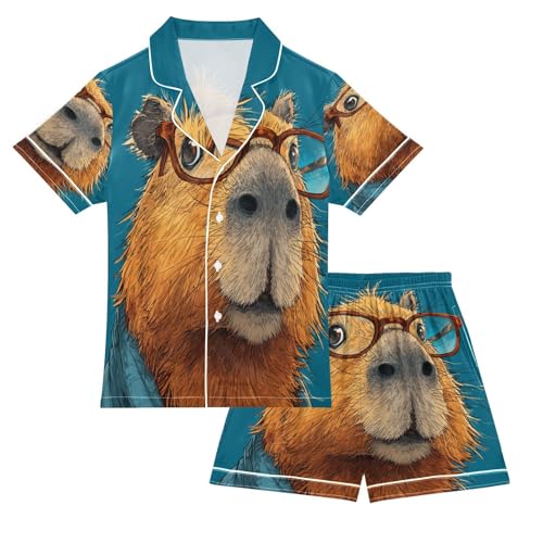 Satin Pajama Sets Short Sleeve Stylish Capybara Funny Button Down Silky Nightwear 2 Piece PJS 5-14Y