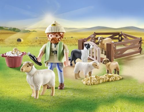 PLAYMOBIL Country 71444 Junger Schäfer mit Schafen, Hüten und Pflegen der Schafe mithilfe des Bordercollies, mit Zubehör wie Haartrimmer und Strohballen, nachhaltiges Spielzeug für Kinder ab 4 Jahren