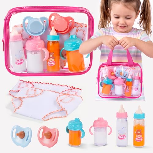 BABESIDE Baby Doll Accessories – 9 Pcs Feeding Set with Magic Bottles, Pacifiers, Bibs, Diapers & Carry Bag, Pretend Play Kit for 12–15 Inch Dolls