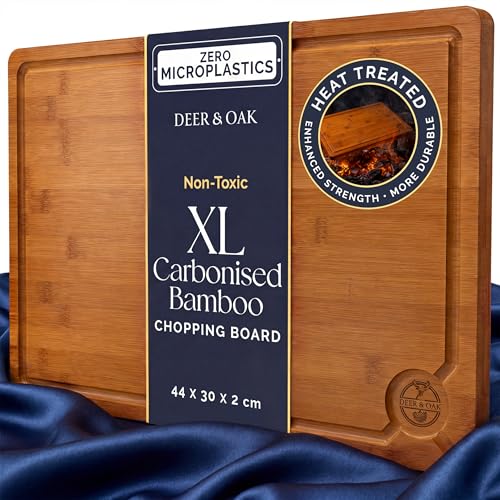 Image of Deer & Oak X-Large Carbonised Cutting Board 44x30x2cm, Pre-Oiled Wooden Bamboo Chopping Board for Carving Meat, Fish, Vegetables, Fruits, Cheese, Bread