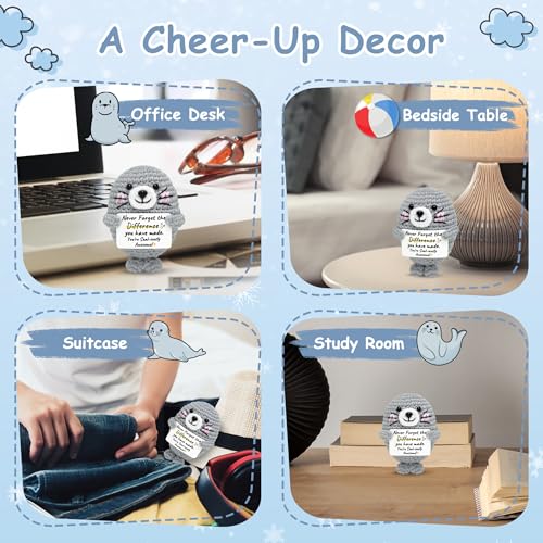 Birthday Gifts for Women Men - Emotional Support Crochet Seal with Positive Card, Inspirational Animal Companion for Coworkers Friends Mom Dad, Cute Desk Decor for Christmas Graduation Anniversary
