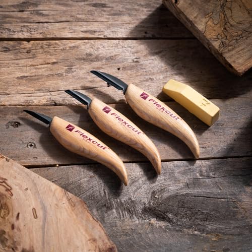Image of Flexcut Wood Carving Knives | Starter Set of 3 Woodcarving Knives | 1095 High Carbon Steel Blades | Ergonomic Ash Wood Handles for Beginners and Hobbyists | KN500 | Made in the U.S.A