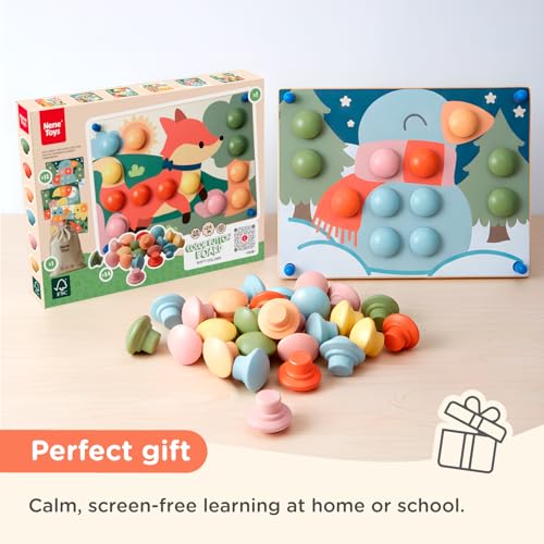 Image of Nene Toys Wooden Color Matching Pegboard for Toddlers 2+ - Pastel Button Art Mosaic Puzzle with 24 Wooden Pegs & 12 Pattern Cards - Montessori Fine Motor Toy for 2 3 Year Old Boys Girls