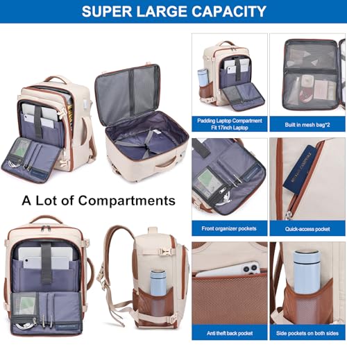WENIG Sac 40x30x20 Bagage Cabine 40x30x20 pour Ryanair Sac à Dos Voyage Cabine Avion pour Wizzair 24L Sac à Dos Voyage Femme Bagage à Main avec USB Charging Port Beige-brun – Image 3
