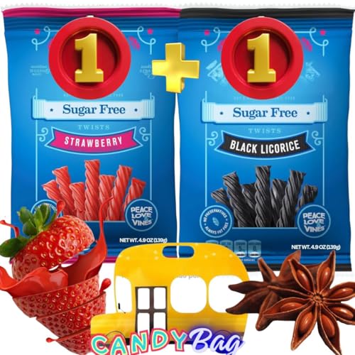 (PACK OF 2) Sugar Free Red Licorice Vine Twists Candy - Original Black & Red Strawberry - Soft & Chewy - 4.9oz of Each Flavor - Comes With One Bus Resealable ZipBag