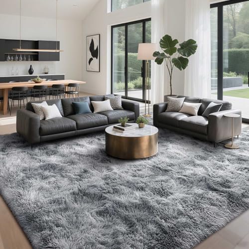 Prabia 8x10 Fluffy Area Rug,Super Soft Tie Dyed Grey Shaggy Rug for Living Room & Bedroom,Plush Fuzzy Carpet for Girls Kids Room, Dorm & Nursery,Anti-Slip Indoor Home Decor Accent Rug