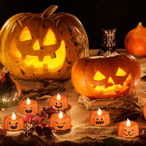 Image of Eldnacele Halloween Pumpkin Lights Flameless Candles 6H Timer, Battery Operated Ghost Face LED Flickering Tealights Candle Fall Tabletop Spooky Candles Halloween Decoration Indoor(6Pcs,1.9 inchx1.6 inch)