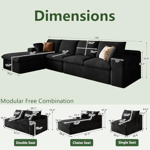 Image of 136 inch Cloud Couch Modular Sectional Sofa for Living Room, L-Shape Boneless Couch with Deep Seat, Modern Corduroy 4-Seater, No Assembly Required (Black,Left-Facing Chaise)