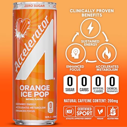 Image of Accelerator Active Energy Drink, Orange Ice Pop 12oz can (12 pack) | Zero Sugar, Sustained Energy from 100% Natural Caffeine (200mg from Green Coffee Bean & Green Tea extract)
