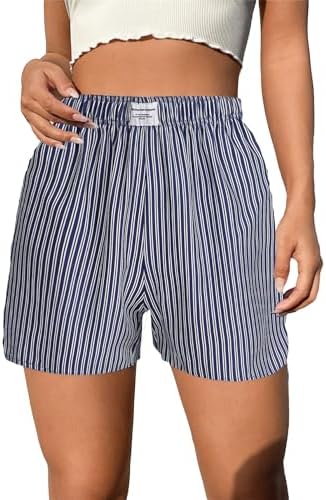 OYOANGLE Women&#39;s Summer Casual Striped Print Elastic Waist Mid Rise Straight Leg Shorts
