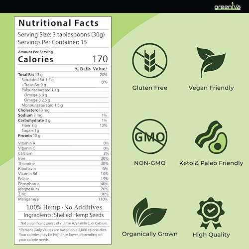 GreenIVe Organiclly Grown Hemp Hearts Hulled Hemp Plant Based Protein Packed Vegan Omegas (2 Pound)