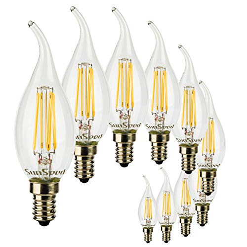 SUNSEED 10 X E14 4W (Equivalent to 40W) Sapphire Filament LED Flame Light Bulb C35TA Warm White 2700K, Pack of 10 - Warm White 2700k