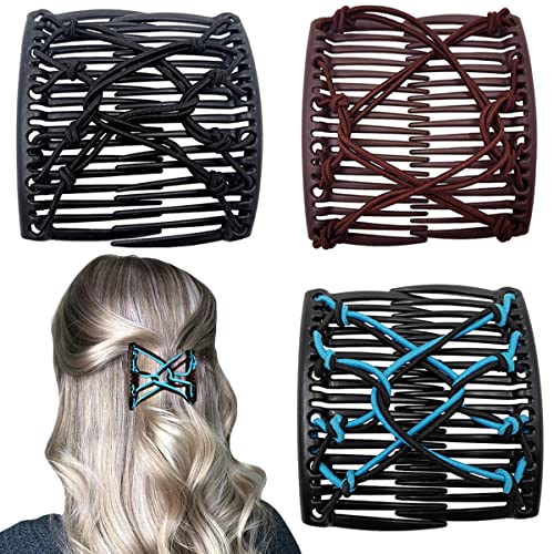 3 Pieces Elastic Magic Hair Comb Clips Stretchy Double Comb Hair Forks For Women Girls Vintage Hairstyle Multipurpose Hair Accessories (Classic Style-Blue Coffee Black) #TOP5
