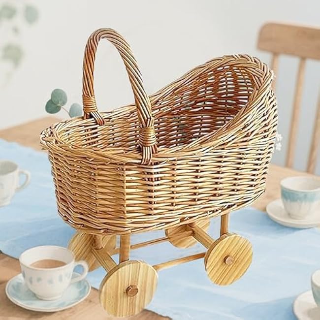 Woven Rattan Stroller Shaped Flower Basket With Handle Decorative Candy Basket for Weddings Showers Baby Showers, Party And Floral Arrangements Handwoven Rustic Decoration Easy To Carry (1)