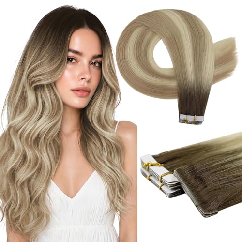 Image of Full Shine Invisible Tape in Hair Extensions, Color Shadow Root Espresso to Ashy Champagne Balayage, Virgin Hair, Injected Tape in Extensions, 22 Inch 10 Pcs 25G,Natural Blend, Dramatic Length